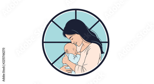 Caring loving mother holding her sleeping newborn baby close to her chest inside a circular window frame.
