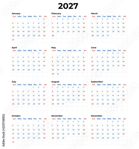 2027 Calendar, Modern Yearly Planner with Three Column Monthly Grid Vector Layout