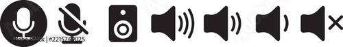 Audio icon set, solid microphone and volume symbols, speaker mute badges, and sound control elements for modern multimedia and digital interface design
