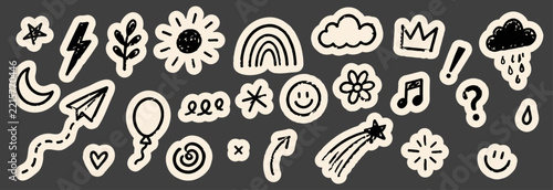 Hand Drawn Sticker Doodle Elements Set, Flowers, Rainbow, Moon and Playful Symbols