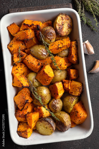 Autumn meal: oven roasted seasonal vegetables with garlic and herbs