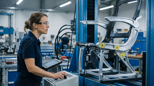 Focused female engineer testing monitoring seat K structure frame quality with serious concentration in modern industrial factory laboratory
