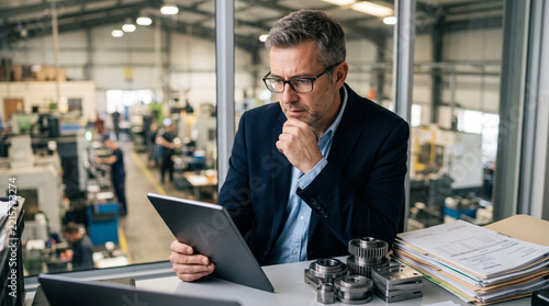 Professional manager reviewing blank digital tablet with pensive expression in modern factory warehouse while analyzing production data