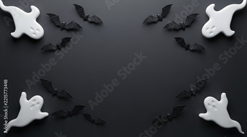 A spooky and delightful halloween scene featuring playful ghosts and fluttering bats against a dark atmospheric backdrop perfect for celebrations