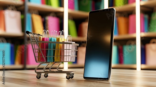 Shopping Cart Smartphone E-commerce, Online Shopping Concept