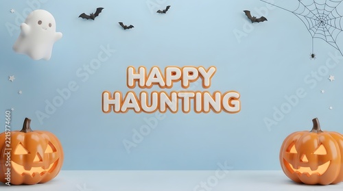A spooky and delightful halloween scene featuring pumpkins a ghost and bats creating a festive atmosphere for all ages