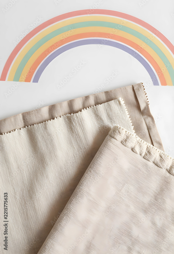 Fototapeta premium Sustainability and eco friendly textile design, natural linen fabric swatches with rainbow illustration for sustainable fashion and interior decor