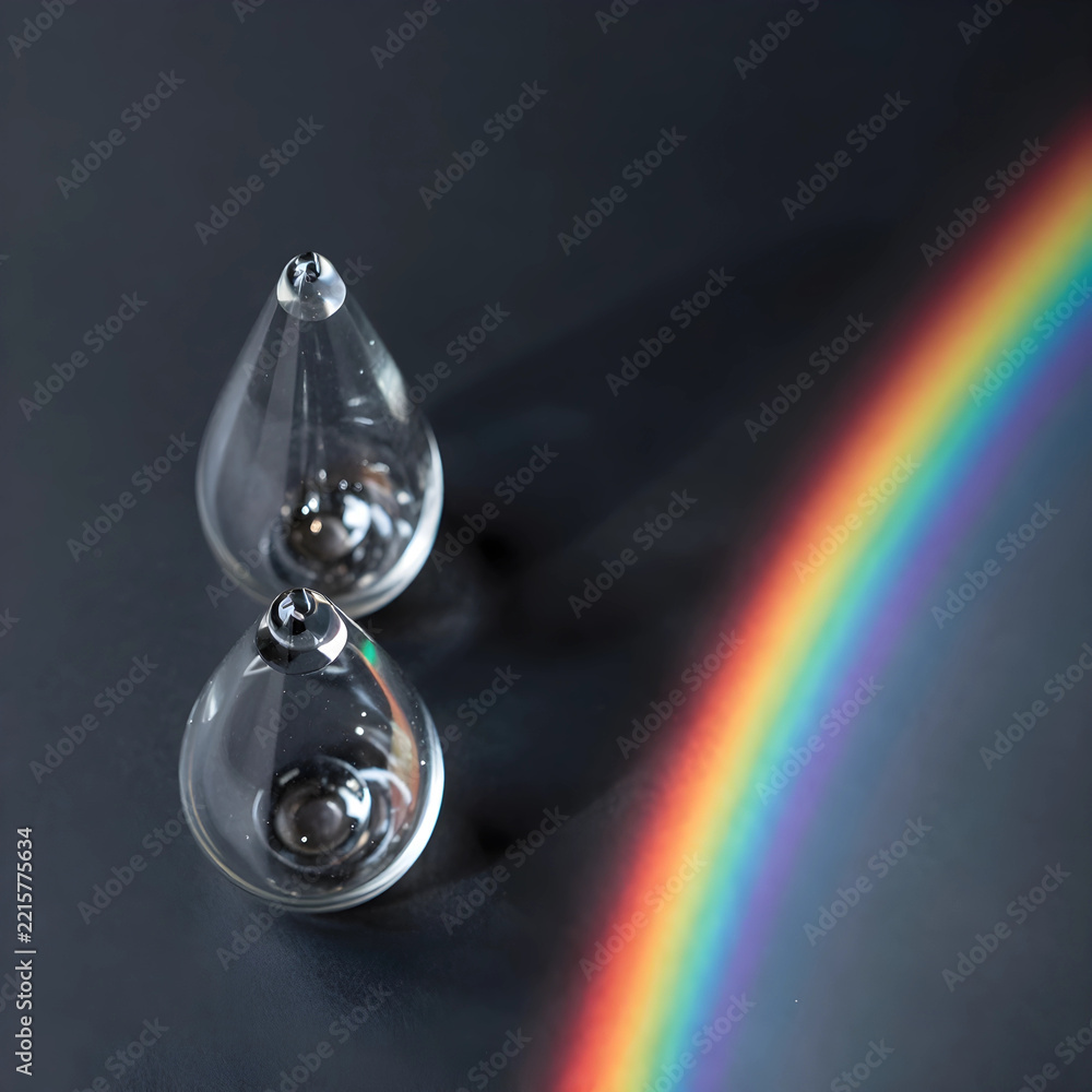 Naklejka premium Sustainability and environmental awareness, glass water drops with rainbow light refraction on dark background for climate change and ecology concepts