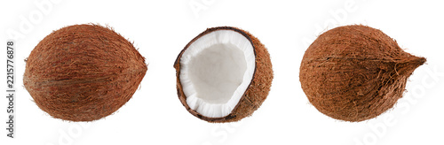 Premium horizontal banner of two whole exotic coconuts and central cut half with fresh white core, clean graphic resource for milk or oil packaging on studio white background.