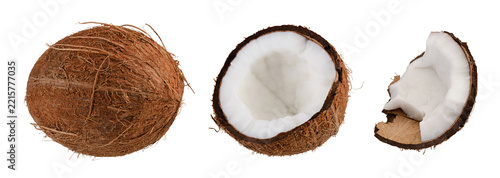 Clean commercial asset of whole coconut with half and broken piece showing raw white pulp, ready to use design tool for cosmetic or food layout on perfect studio white background.