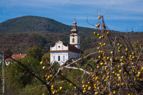 Church in the village on a hill in Eastern Europe