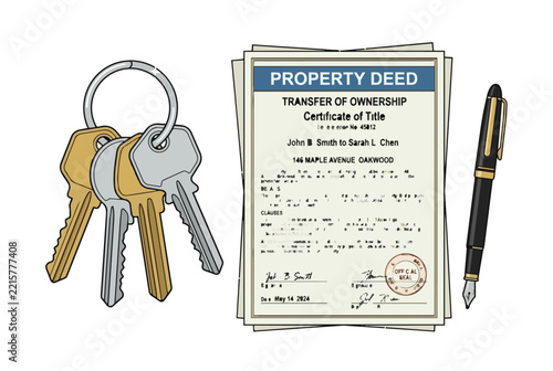 Property deed document with a set of keys and a fountain pen for real estate transaction.