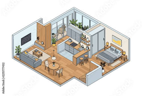 Isometric view of a modern apartment interior with living room kitchen and bedroom.
