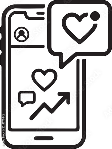 Minimalist smartphone with social media icons and heart symbol