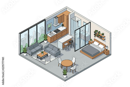 Isometric view of a modern studio apartment interior with living room kitchen and bedroom.