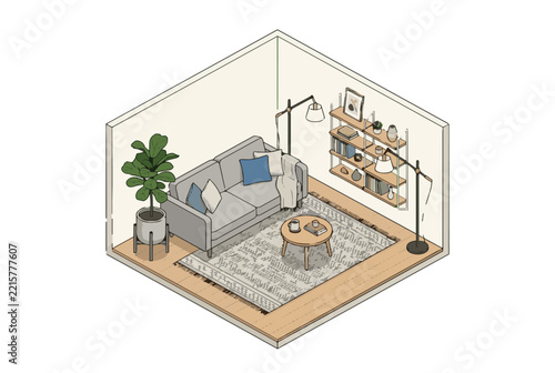 Isometric illustration of a modern cozy living room interior with furniture.
