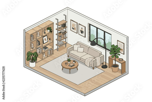 Isometric illustration of a modern cozy living room interior with furniture and plants.