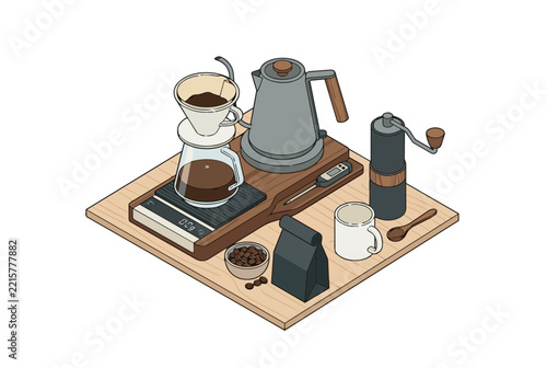 Isometric illustration of coffee brewing equipment set with kettle grinder and dripper.