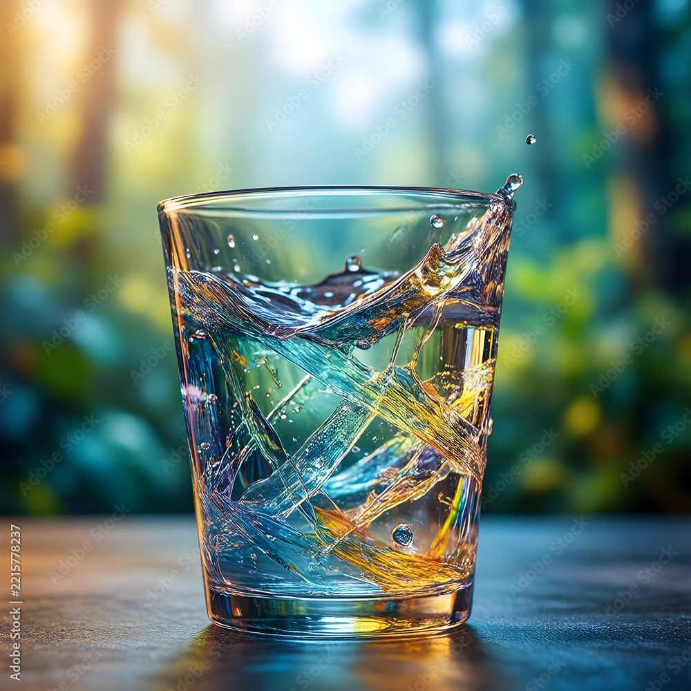 Naklejka premium Hydration and wellness, glass of water with colorful light refraction and liquid splash for healthy lifestyle and purity in natural environment
