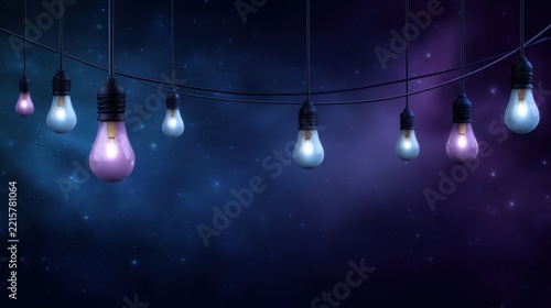 Glowing Hanging Light Bulbs Against a Starry Blue and Purple Background
