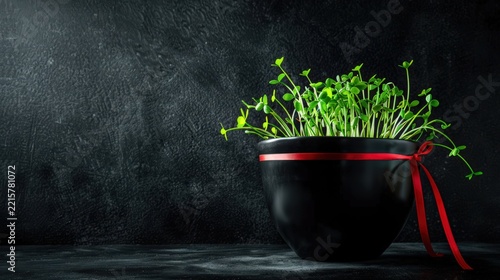Green Microgreens in Black Pot with Red Ribbon on Dark Background
