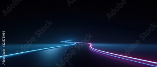 Neon Light Trails Following a Curving Road Through a Dark Blue Landscape