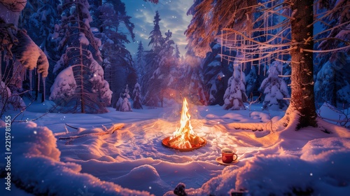 Campfire and Hot Drink in Snowy Forest Under Winter Evening Light