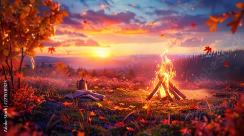 Autumn campsite with glowing bonfire overlooking sunset mountain landscape