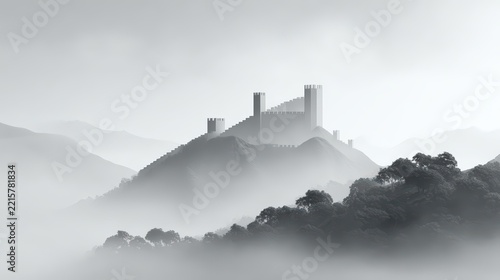 Mist-shrouded stone castle rising above a mountainous forest landscape