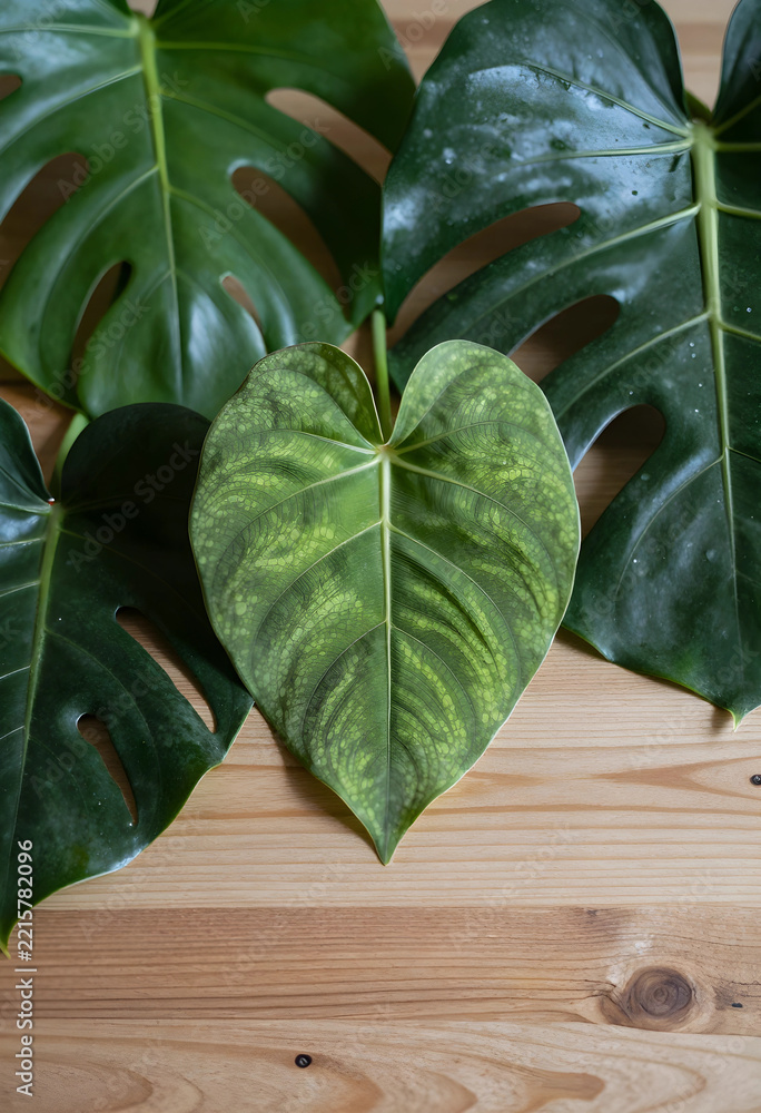 Naklejka premium Biophilic design and interior decor, tropical monstera and anthurium leaves on wooden table for sustainable home lifestyle and botanical plant hobby