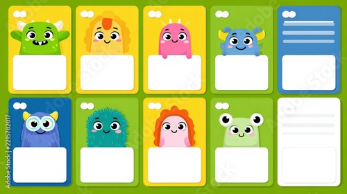 Colorful Cartoon Monster Cards with Blank White Labels in Grid Layout
