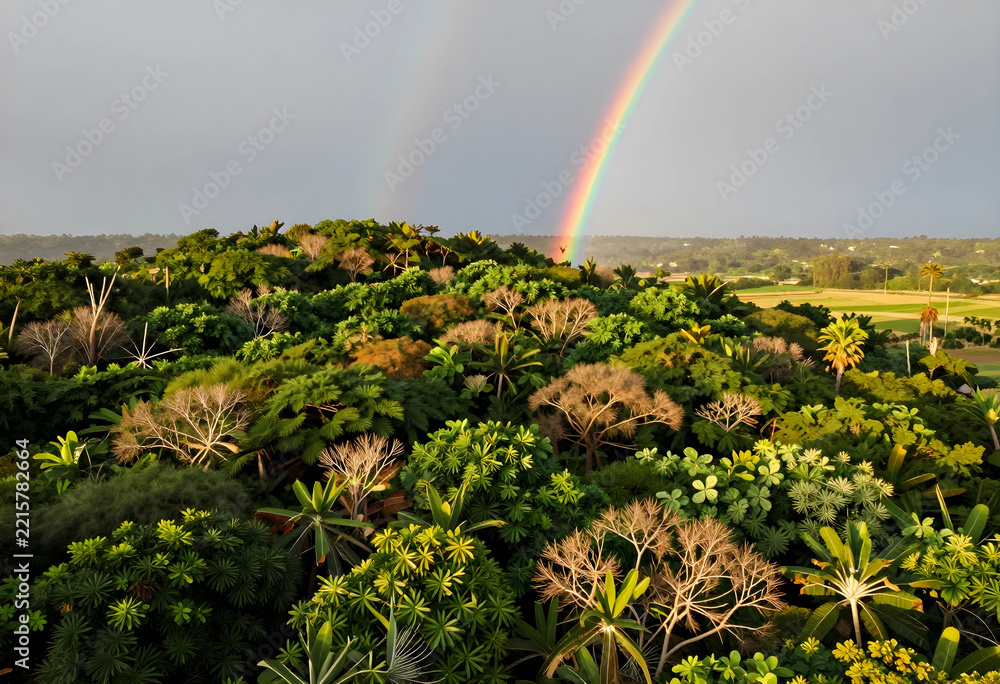 Fototapeta premium Sustainability and environmental conservation, lush tropical forest landscape with a double rainbow after rain in a rural agricultural countryside area