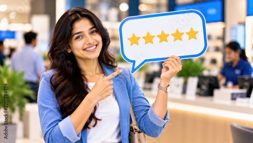 Smiling young woman pointing at five star rating in speech bubble representing customer satisfaction.