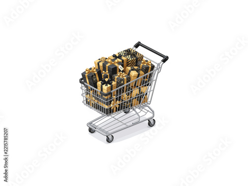 Supermarket trolley overflowing with elegant holiday presents wrapped in black and gold paper