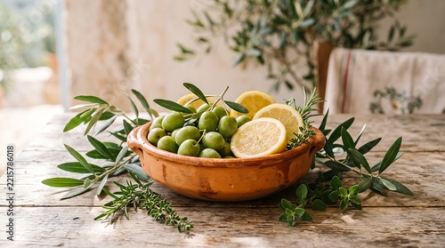 Fresh Green Olives and Lemons Rustic Bowl