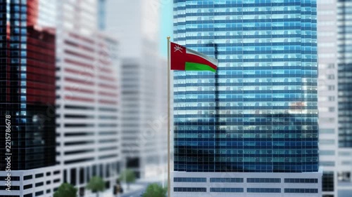 Oman Flag 3D Render Animation Waving in Front of Modern Glass Buildings - Daytime