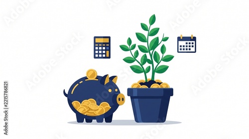 Piggy bank and money plant representing financial growth flat vector art
