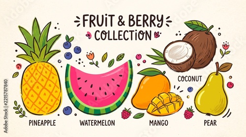 Hand drawn tropical fruit collection with pineapple watermelon and mango