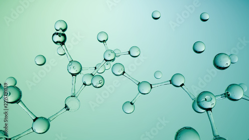 Molecule science chemistry atom bond bubble, transparent teal structure on gradient background, abstract laboratory research concept