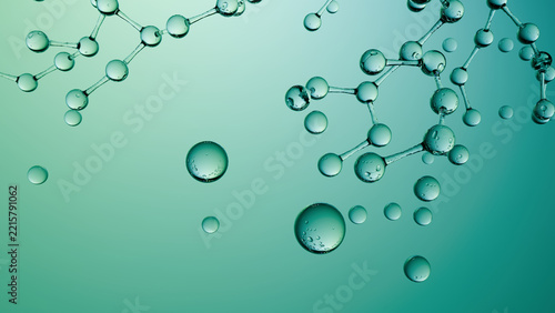 Molecule, bubble, water, teal, science, chemistry abstract liquid structure with transparent sphere on clean gradient background