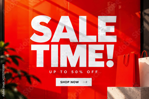Sale time graphic with red window display and white bold typography for promotional marketing.