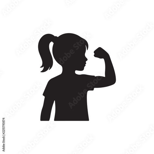 Young girl showing her strong muscle arm silhouette icon vector flat design