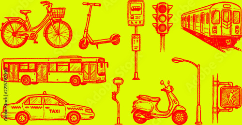 City transportation and street elements hand drawn doodle red line art set on bright yellow background including vehicles and signs.
