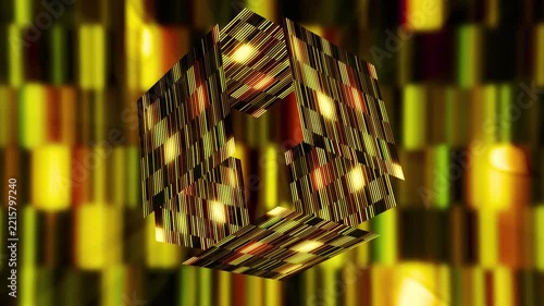 Abstract yellow 3d cube rotating with digital stripes animation