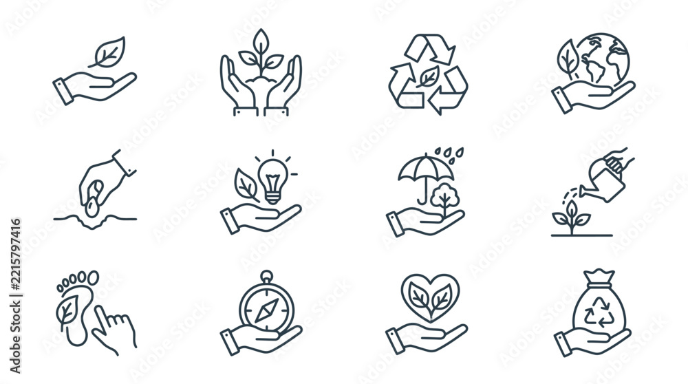 Fototapeta premium Sleek Black and White Line Icons Set Featuring Eco Friendly and Sustainable Concepts with Hands Plants Recycling Symbols