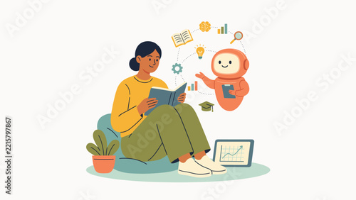 Woman reading book with ai robot assistant vector illustration for artificial and intelligence Projects yellow sweater green pants bean bag chair potted plant tablet device chart floating icons light