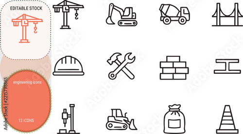 Collection of construction and building equipment icons in flat design style