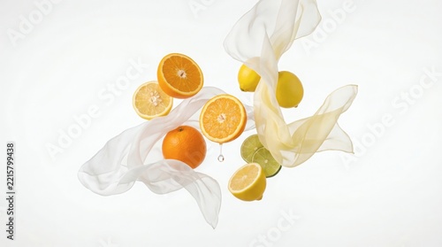 Floating Citrus Fruits And Silk Fabric In Studio