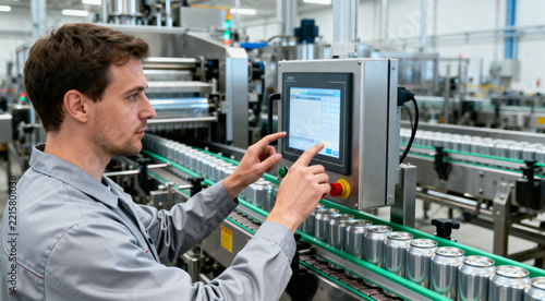 Factory technician operates a touchscreen control panel to monitor and adjust settings on an automated beverage can production line, illustrating industrial automation and manufacturing processes.