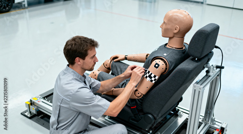 Automotive safety technician adjusting crash test dummy in car seat during vehicle safety test